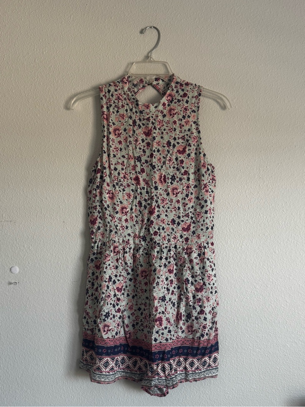 Floral light blue Romper with pinks/purples